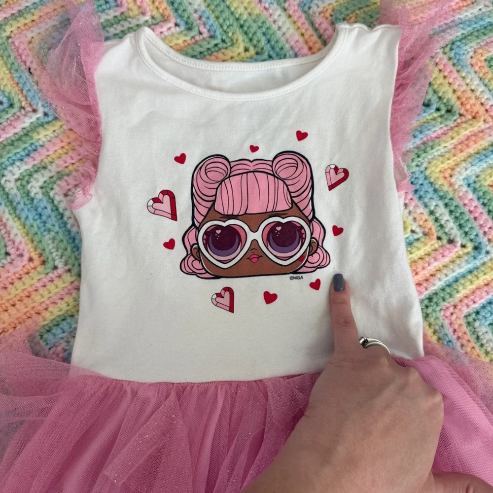 LOL Surprise dolls white pink tutu dress with heart sunglasses graphic Size 4-5